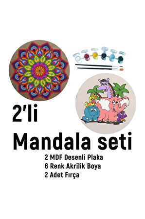 2'li MANDALA BOYAMA SETİ- TATİL ETKİNLİĞİ-2 HAM MDF PLAKA, 6 RENK BOYA,2 FIRÇA MODEL-52