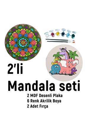 2'li MANDALA BOYAMA SETİ- TATİL ETKİNLİĞİ-2 HAM MDF PLAKA, 6 RENK BOYA,2 FIRÇA MODEL-53