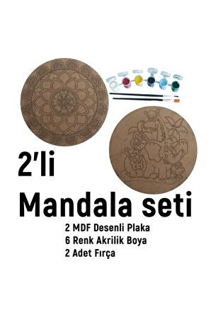 2'li MANDALA BOYAMA SETİ- TATİL ETKİNLİĞİ-2 HAM MDF PLAKA, 6 RENK BOYA,2 FIRÇA MODEL-53