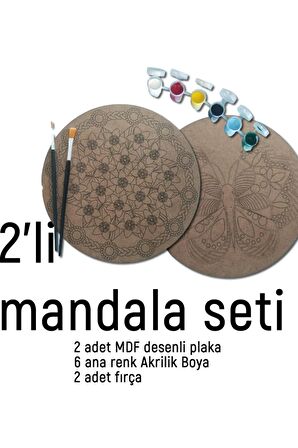 2Li Mandala Boyama Seti- 2 DESENLİ PLAKA-6 RENK AKRİLİK BOYA-2 ADET FIRÇA