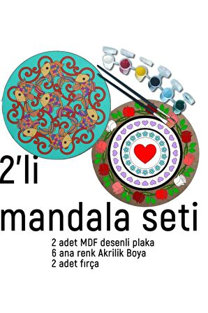 2Li Mandala Boyama Seti- 2 DESENLİ PLAKA-6 RENK AKRİLİK BOYA-2 ADET FIRÇA