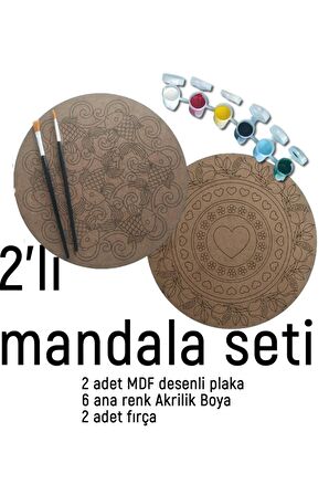 2Li Mandala Boyama Seti- 2 DESENLİ PLAKA-6 RENK AKRİLİK BOYA-2 ADET FIRÇA