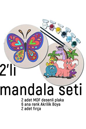 2Li Mandala Boyama Seti- 2 DESENLİ PLAKA-6 RENK AKRİLİK BOYA-2 ADET FIRÇA