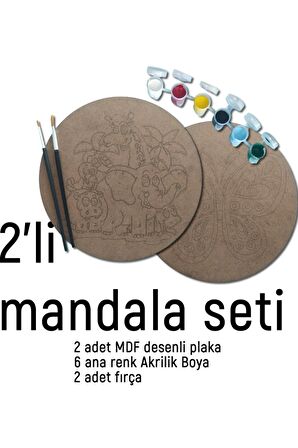 2Li Mandala Boyama Seti- 2 DESENLİ PLAKA-6 RENK AKRİLİK BOYA-2 ADET FIRÇA