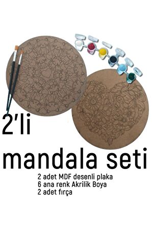 2Li Mandala Boyama Seti- 2 DESENLİ PLAKA-6 RENK AKRİLİK BOYA-2 ADET FIRÇA