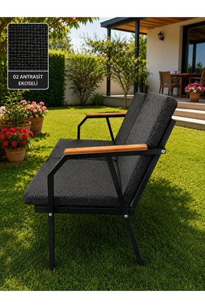 DURU İKİLİ BAHÇE BALKON MOBİLYASI,SİYAH İSKELET,KUMAŞ RENGİ 01 ANTRASİT