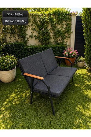 DURU İKİLİ BAHÇE BALKON MOBİLYASI,SİYAH İSKELET,KUMAŞ RENGİ 01 ANTRASİT