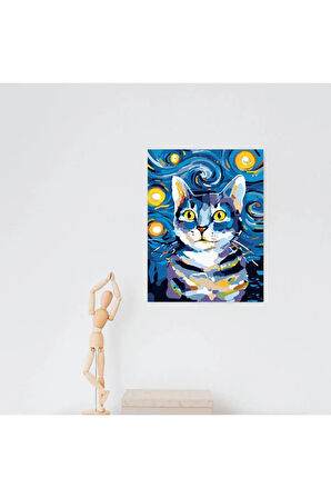 Düşünceli Kedi Sayılarla Boyama Seti, Hobi Seti, 40X50 Tablo, Fırça Boya Asma Aparatı Dahil, Zeki