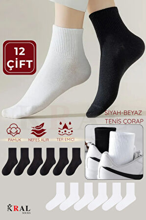 12 Çift Spor Tenis Kolej Çorabı | Pamuklu – Nefes Alabilir – Unisex