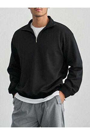 Erkek Bej Yarım Fermuarlı Oversize Polo Yaka Sweatshirt