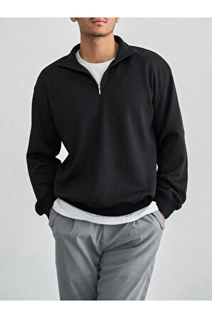 Erkek Bej Yarım Fermuarlı Oversize Polo Yaka Sweatshirt