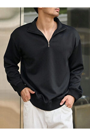Erkek Bej Yarım Fermuarlı Oversize Polo Yaka Sweatshirt