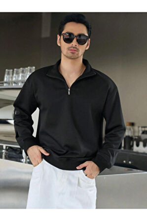 Erkek Bej Yarım Fermuarlı Oversize Polo Yaka Sweatshirt