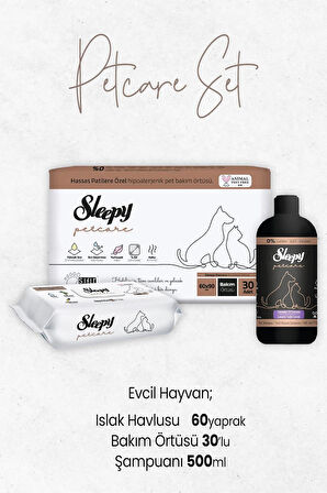 Sleepy Petcare Evcil Hayvan Şampuanı 500 ml,Bakım Örtüsü 30 Adet ve Islak Havlusu 60'lı