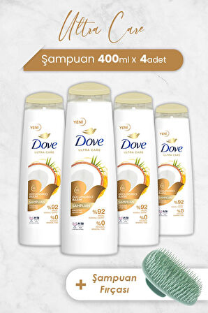 Dove Ultra Care Şampuan Hindistan Cevizi 400 ml x 4 Adet ve Şampuan Fırçası