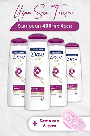 Dove Saç Bakım Şampuanı Uzun Saç Terapisi 400 ml x 4 Adet ve Şampuan Fırçası