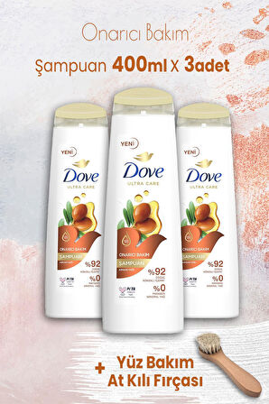 Dove Ultra Care Onarıcı Bakım Argan Yağı Şampuan 400 ml x 3 Adet ve Yüz Bakım At Kılı Fırçası