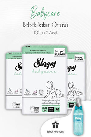 Sleepy Babycare Bebek Bakım Örtüsü 10'lu x 3 Adet ve Bebek Kolonyası Mavi