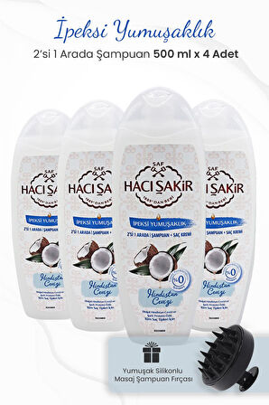 Hacı Şakir Hindistan Cevizi 2si 1 Arada Şampuan 500 ml x 4 Adet ve Şampuan Fırçası Siyah