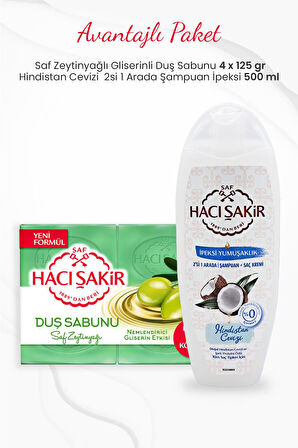 Hacı Şakir 4'lü Saf Zeytinyağlı Duş Sabunu ve Hindistan Cevizi 2si 1 Arada Şampuan 500 ml