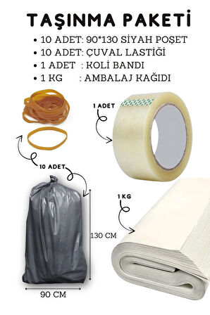 10 Adet 90x130 Siyah Ev Taşıma Taşınma Poşeti 1 Adet 45x100 Koli Bandı 1 Kg Ambalaj Kağıdı Taşınma Seti