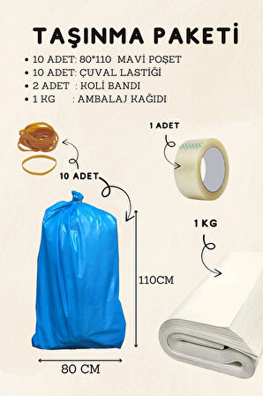 10’lu 80x110 Mavi Taşıma Taşınma Çuvalı 1 Adet 45x100 Koli Bandı 1 Kg Ambalaj Kağıdı Taşınma Seti