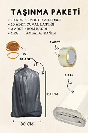 10’lu 80x110 Siyah Ev Taşıma Taşınma Çuvalı 1 Adet 45x100 Koli Bandı 1 Kg Ambalaj Kağıdı Taşınma Seti