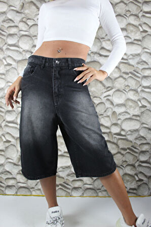 Siyah Yıkamalı Unisex Baggy Oversize Kalıp Kot Şort