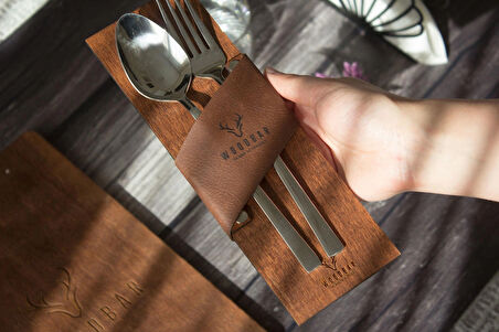 Ahşap ve Deri Çatal-Bıçak Tutucu