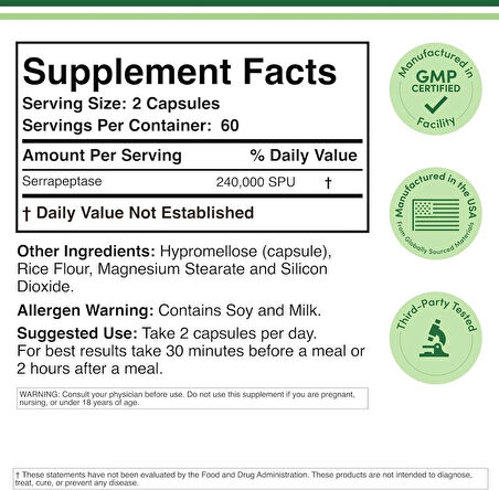 Double Wood Serrapeptase 240,000 Proteolytic Hearth Enzyme Joint Health 120 Caps