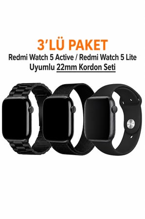 Redmi Watch 5 Active / Redmi Watch 5 Lite Uyumlu 22mm 3' Lü Silikon + Metal Kordon Set