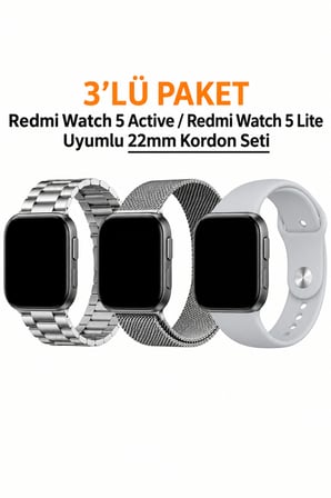 Redmi Watch 5 Active / Redmi Watch 5 Lite Uyumlu 22mm 3' Lü Silikon + Metal Kordon Set