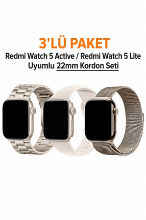 Redmi Watch 5 Active / Redmi Watch 5 Lite Uyumlu 22mm 3' Lü Silikon + Metal Kordon Set