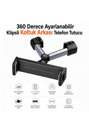 360° Ayarlanabilir Araç İçi Koltuk Arası Arkası Telefon ve Tablet Tutucu | Universal Araç İçi Klipsli Döner Stand | 4.7-12.9 İnç Uyumlu Tutacağı