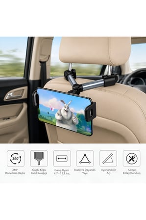 360° Ayarlanabilir Araç İçi Koltuk Arası Arkası Telefon ve Tablet Tutucu | Universal Araç İçi Klipsli Döner Stand | 4.7-12.9 İnç Uyumlu Tutacağı