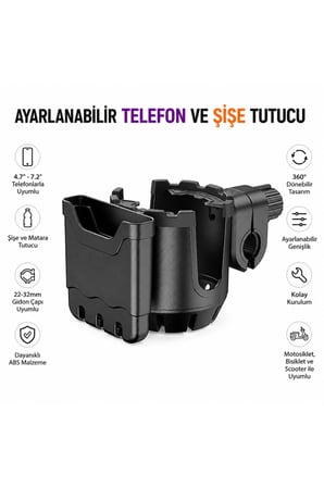 Motosiklet Telefon Tutucu ve Şişe Tutucu 2’si 1 Arada Ayarlanabilir 360° Gidon Aparatı Bisiklet Scooter Elektrikli Bisiklet Uyumlu