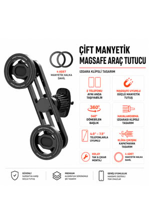 Çift Manyetik Mıknatıslı MagSafe Araç İçi Telefon Tutucağı Kancalı Havalandırma Izgara Klipsli 360° Dönebilen Tutucu