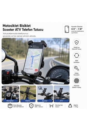 Motosiklet Bisiklet Scooter ATV Vista Telefon Tutucu Universal Kıskaçlı Gidon Telefon Tutucu 360° Dönebilen Kaymaz Silikon 4.5-7.0 İnç