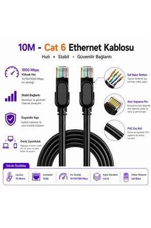 10M Cat 6 UTP Ethernet Kablosu RJ45 Bilgisayar İnternet LAN Ağ Kablosu 26AWG PVC 6mm