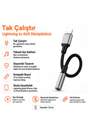 Tak Çalıştır Lightning (iphone) to 3.5mm Aux Jack Kulaklık Dönüştürücü Çevirici Kablo 12cm