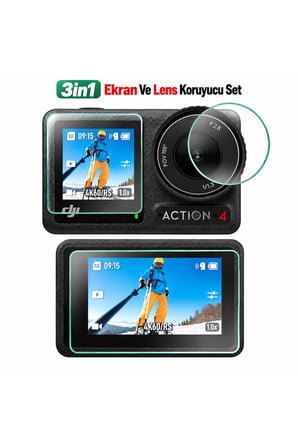 Osmo Action 4 Uyumlu 3in1 Kamera Lens Ekran Koruyucu Set Çizilmeye Darbeye Karşı Koruma