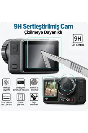Osmo Action 3 4 5 - 3 Pro / 4 Pro / 5 Pro Uyumlu 3in1 Kamera Lens Ekran Koruyucu Set Çizilmeye Darbeye Karşı Koruma