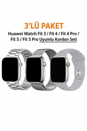Huawei Watch Fit 3 / Fit 4 / Fit 4 Pro / Fit 5 / Fit 5 Pro Uyumlu 3' Lü Silikon + Metal Kordon Set