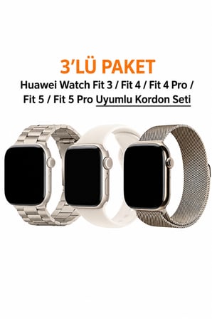 Huawei Watch Fit 3 / Fit 4 / Fit 4 Pro / Fit 5 / Fit 5 Pro Uyumlu 3' Lü Silikon + Metal Kordon Set