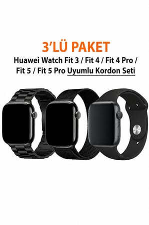 Huawei Watch Fit 3 / Fit 4 / Fit 4 Pro / Fit 5 / Fit 5 Pro Uyumlu 3' Lü Silikon + Metal Kordon Set