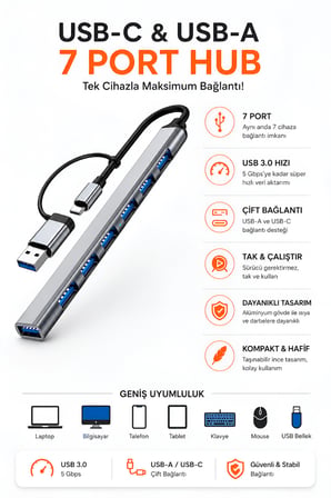 7 Port USB 3.0 Çoklayıcı Hub 7in2 Type-C / USB Çevirici Adaptör Hızlı Veri Transferi Laptop MacBook TV Uyumlu