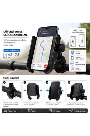 Universal 4,7 - 7,2 inç Motosiklet Telefon Tutucu ATV Bisiklet Scooter Uyumlu 360 Derece Dönebilen Gidon Tutucu