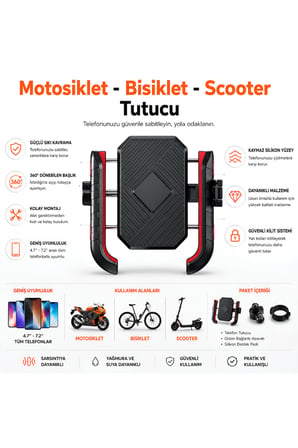 Universal 4,7 - 7,2 inç Motosiklet Telefon Tutucu ATV Bisiklet Scooter Uyumlu 360 Derece Dönebilen Gidon Tutucu