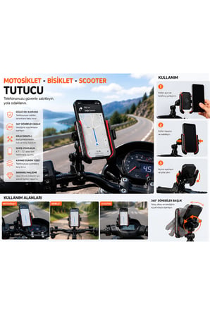Universal 4,7 - 7,2 inç Motosiklet Telefon Tutucu ATV Bisiklet Scooter Uyumlu 360 Derece Dönebilen Gidon Tutucu