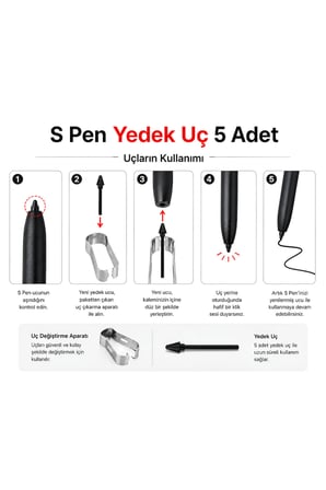 Tüm Samsung Note / S Pen Dokunmatik Kalem Ucu ile Uyumlu Yedek Kalem Ucu 5 Adet + Çıkartma Aparatı